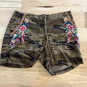 Johnny Was Camouflage Floral Embroidered Shorts